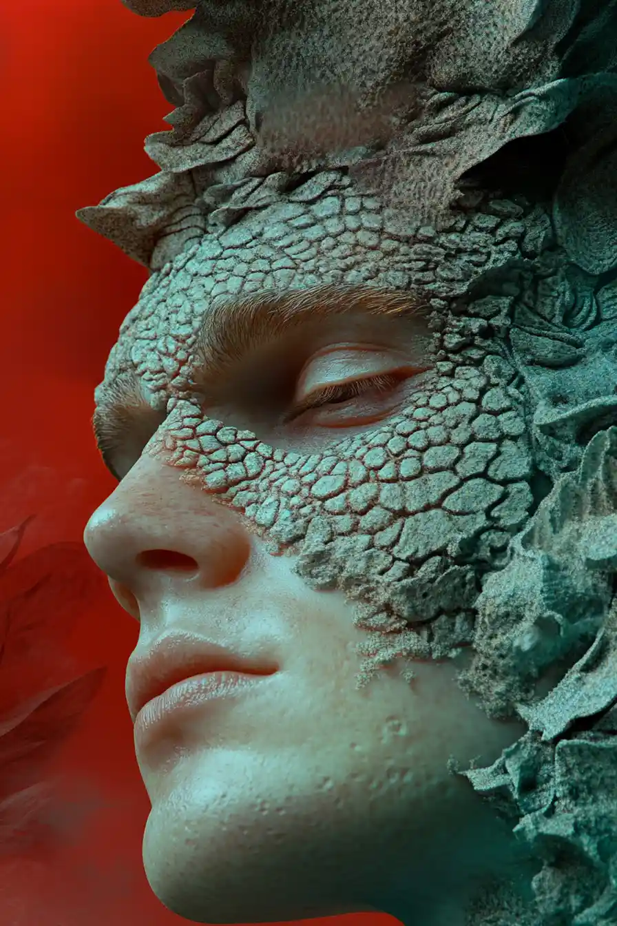 Mutating man infected by alien spore close up portrait