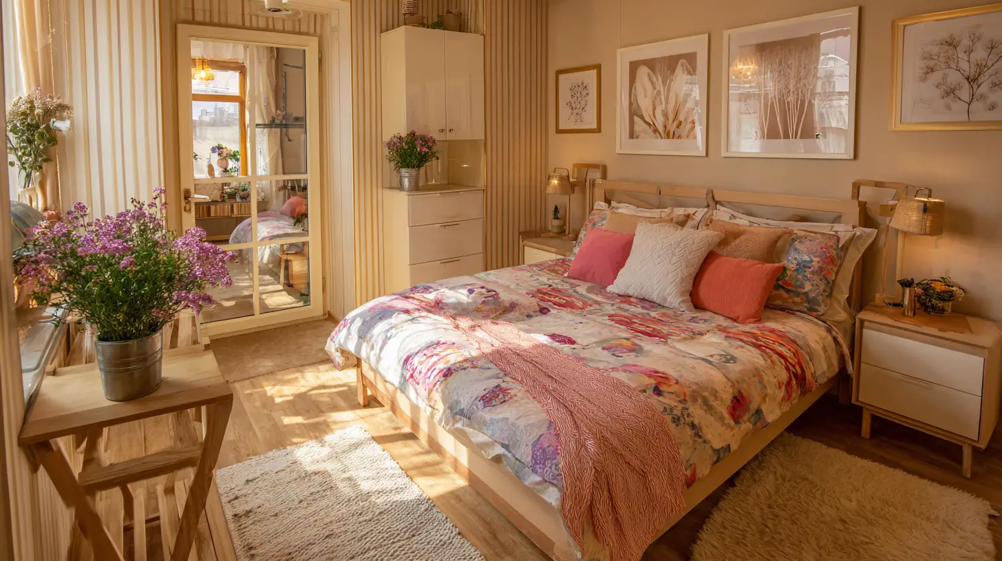 Cozy bedroom corner with colorful bed and many flowers