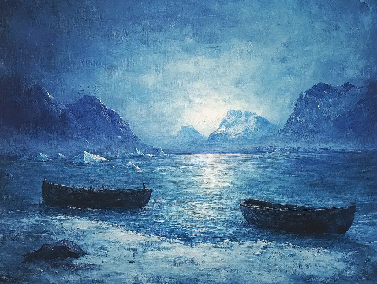Dramatic oil seascape with fishing boats at arctic sunrise