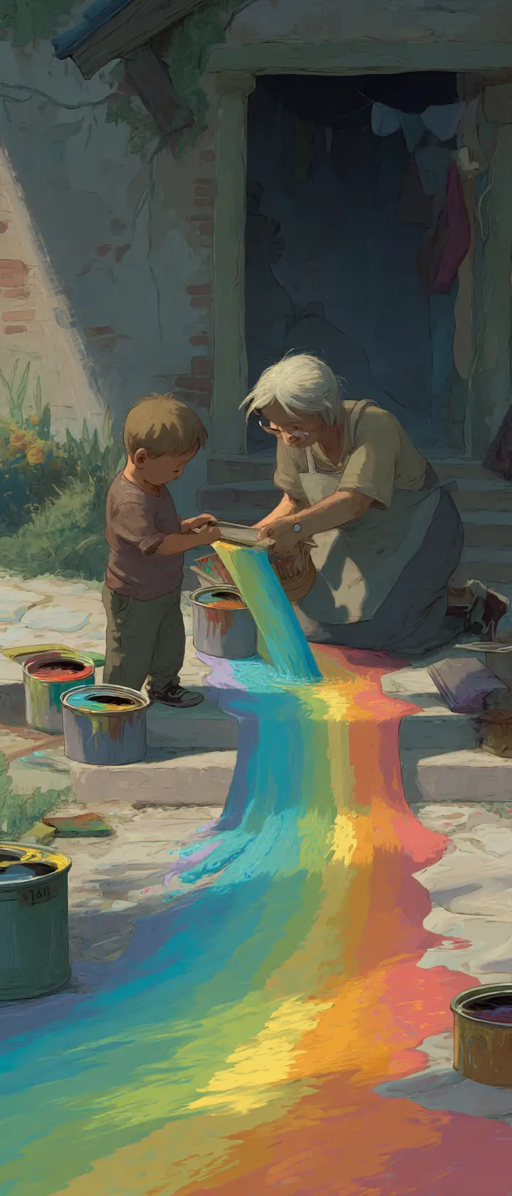 Little boy helping grandma paint her colorful house