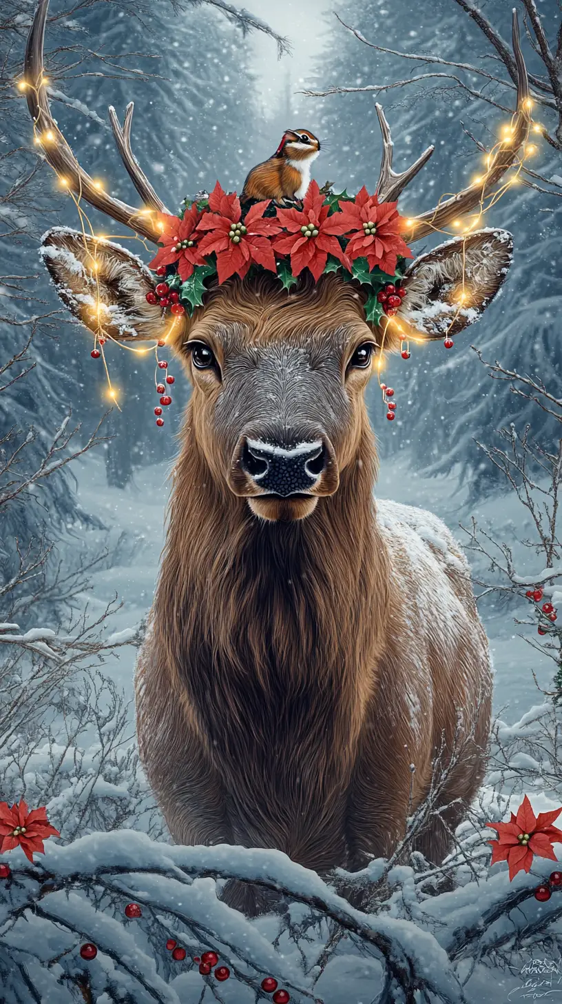 Festive Elk Close Up In A Snowy Finnish Forest