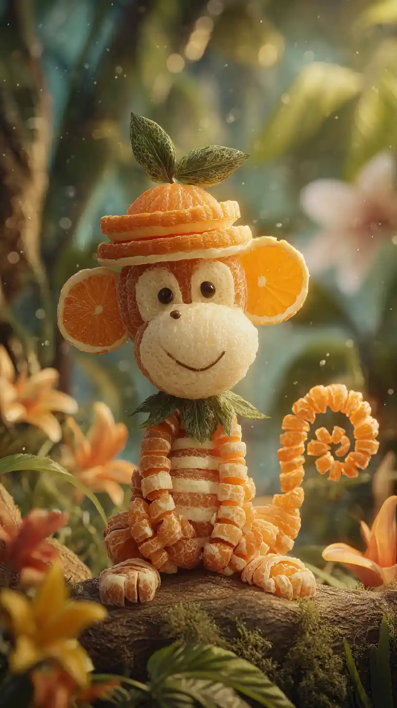 Playful orange monkey sculpture in a lush jungle