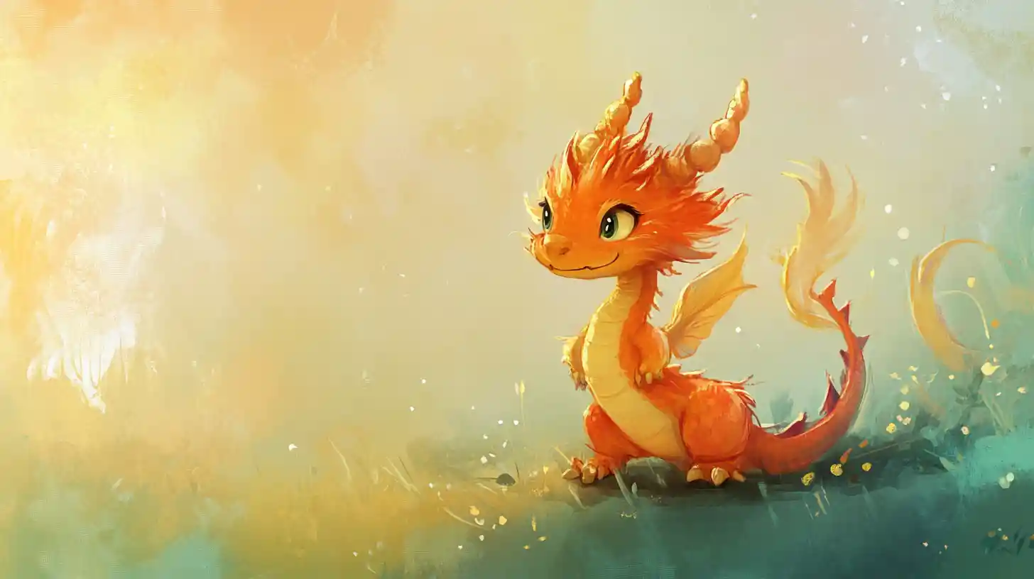 Cute childlike dragon in dreamy fantasy illustration