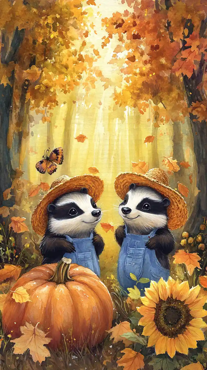 Cute Badgers In Straw Hats Dancing Among Autumn Sunflowers