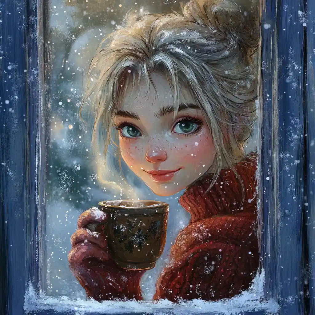 Cozy girl with mug seen through snowy window
