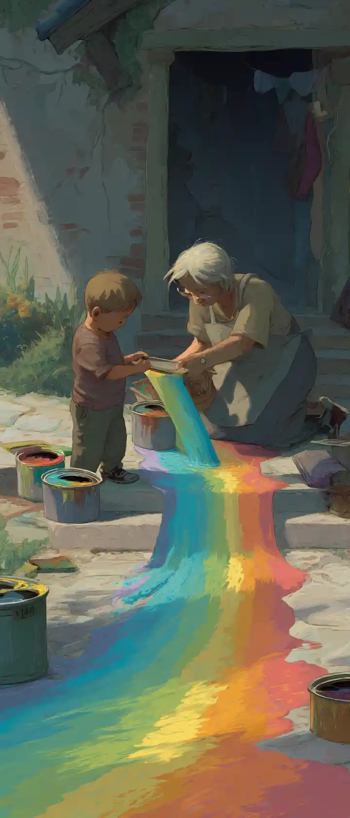 Little boy helping grandma paint her colorful house