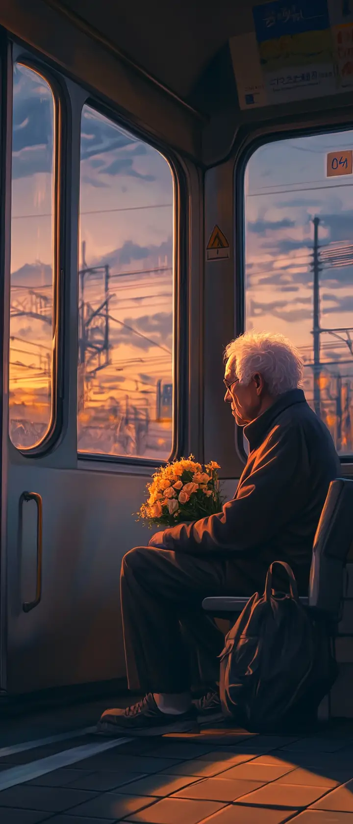 Elderly man with wilted flowers on lonely train platform