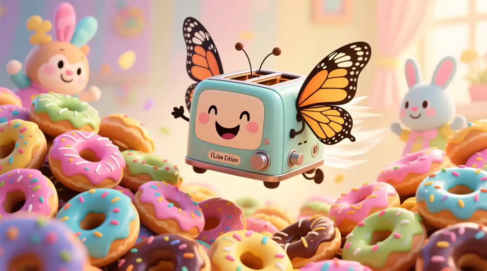 Smiling Winged Toaster Flying Among Colorful Donuts