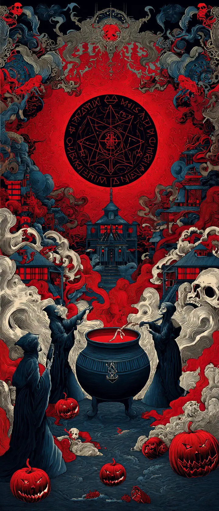 Witches Dancing Around A Cauldron Under A Crimson Moon