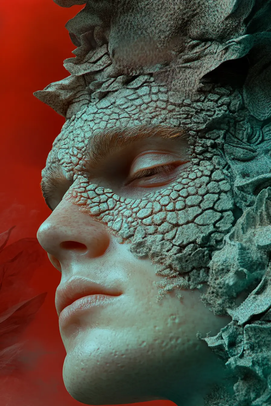 Mutating man infected by alien spore close up portrait