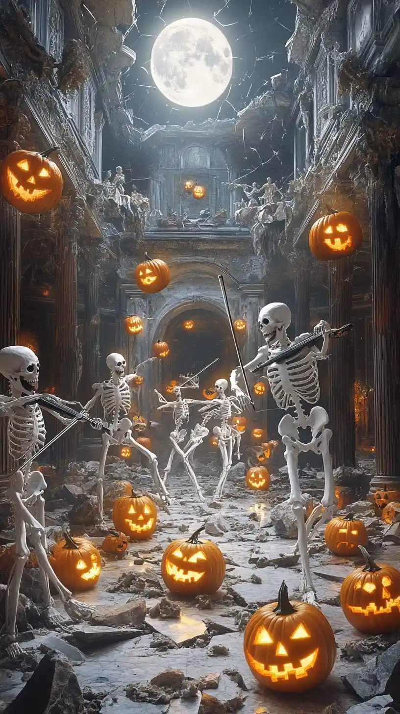 Skeletal dancers waltz through a ruined moonlit ballroom