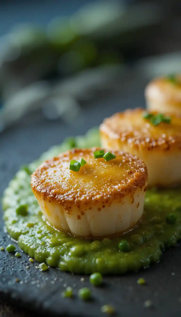 Close up of seared scallops with green pea puree