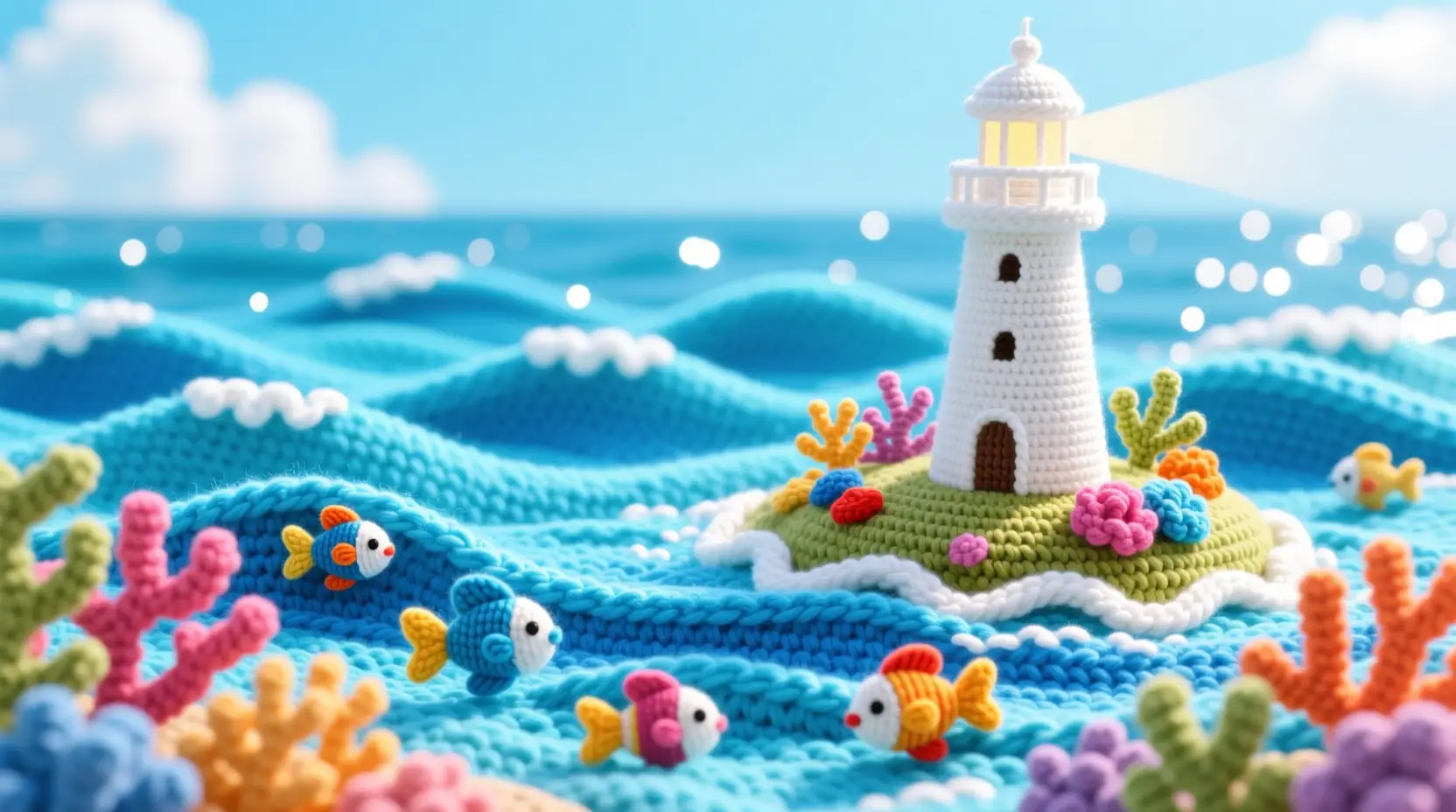 Yarn ocean waves with coral reef and lighthouse scene
