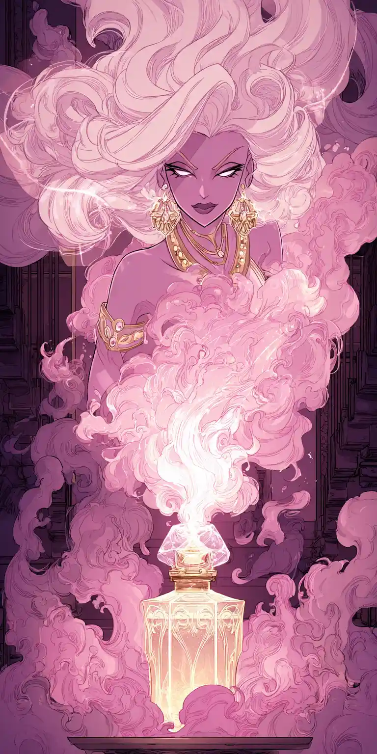 Pink Haired Genie Emerging From Glowing Perfume Bottle