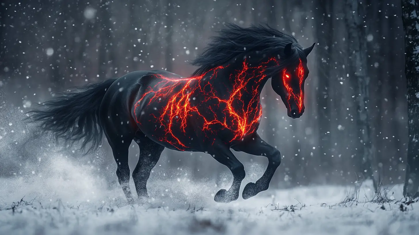 Black horse running through a snowy magical forest