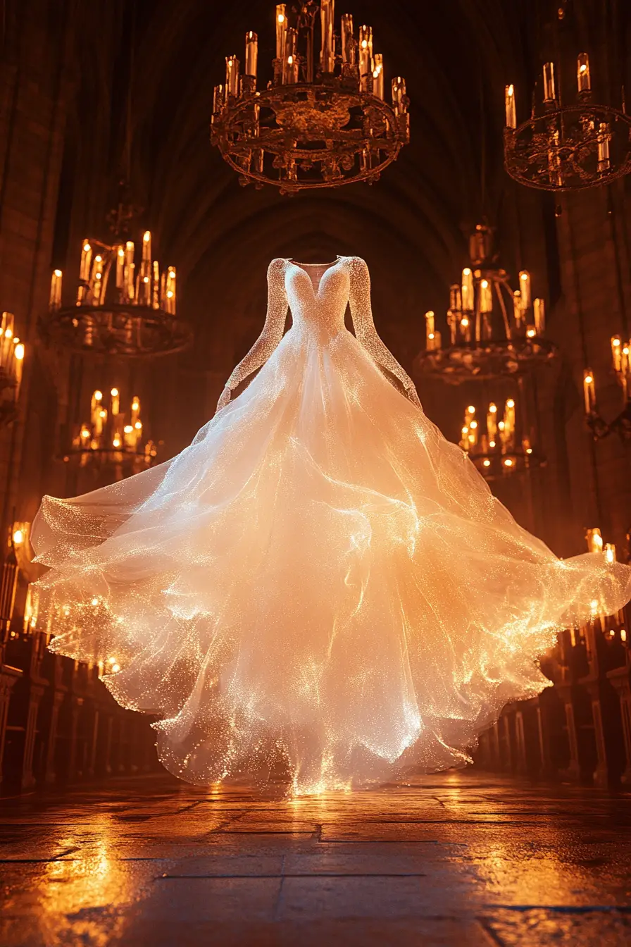 Floating victorian wedding dress in candlelit cathedral