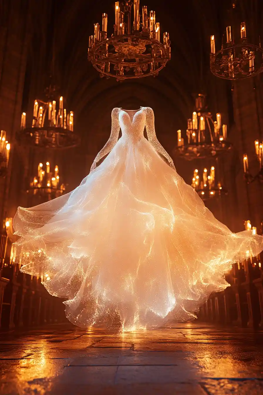 Floating victorian wedding dress in candlelit cathedral