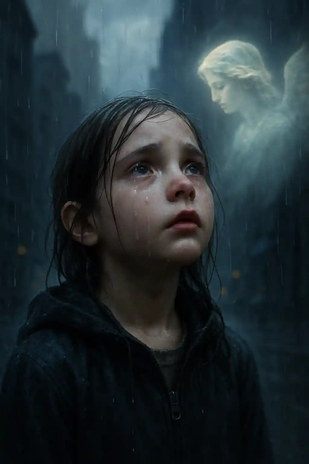 Girl in the rain looking up at a stormy city sky