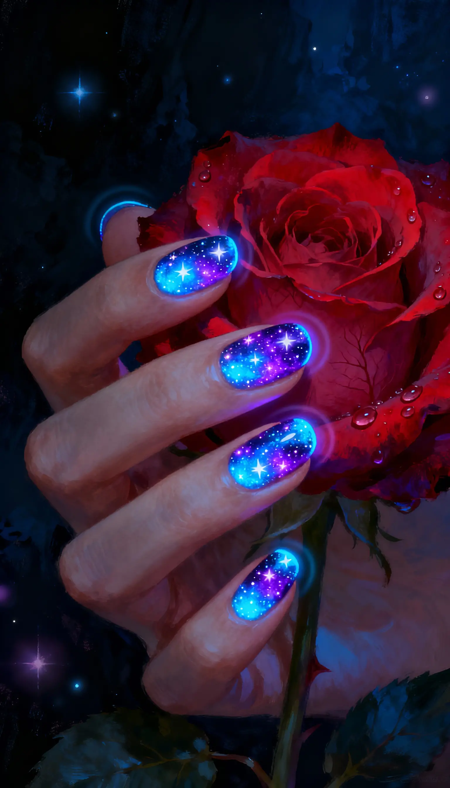 Glowing galaxy nails holding a single red rose