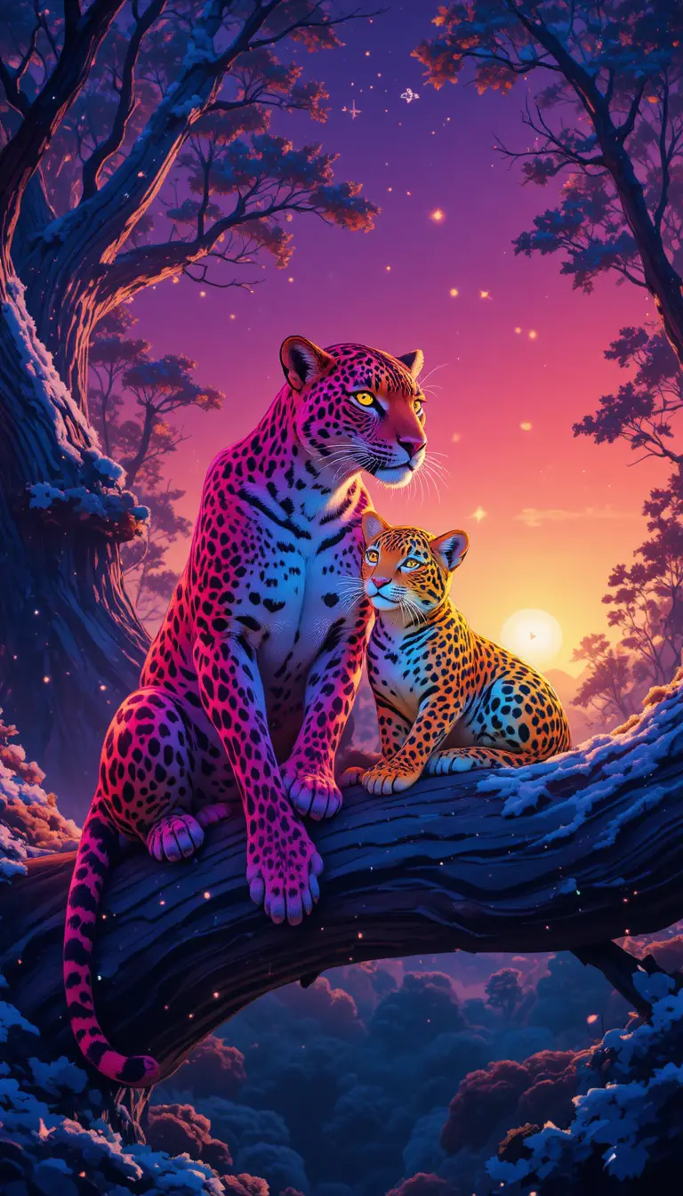 Parent and cub leopard resting on a glowing forest branch
