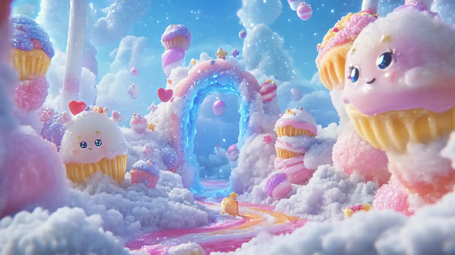 Chibi dreamscape with candy clouds and magical doorway