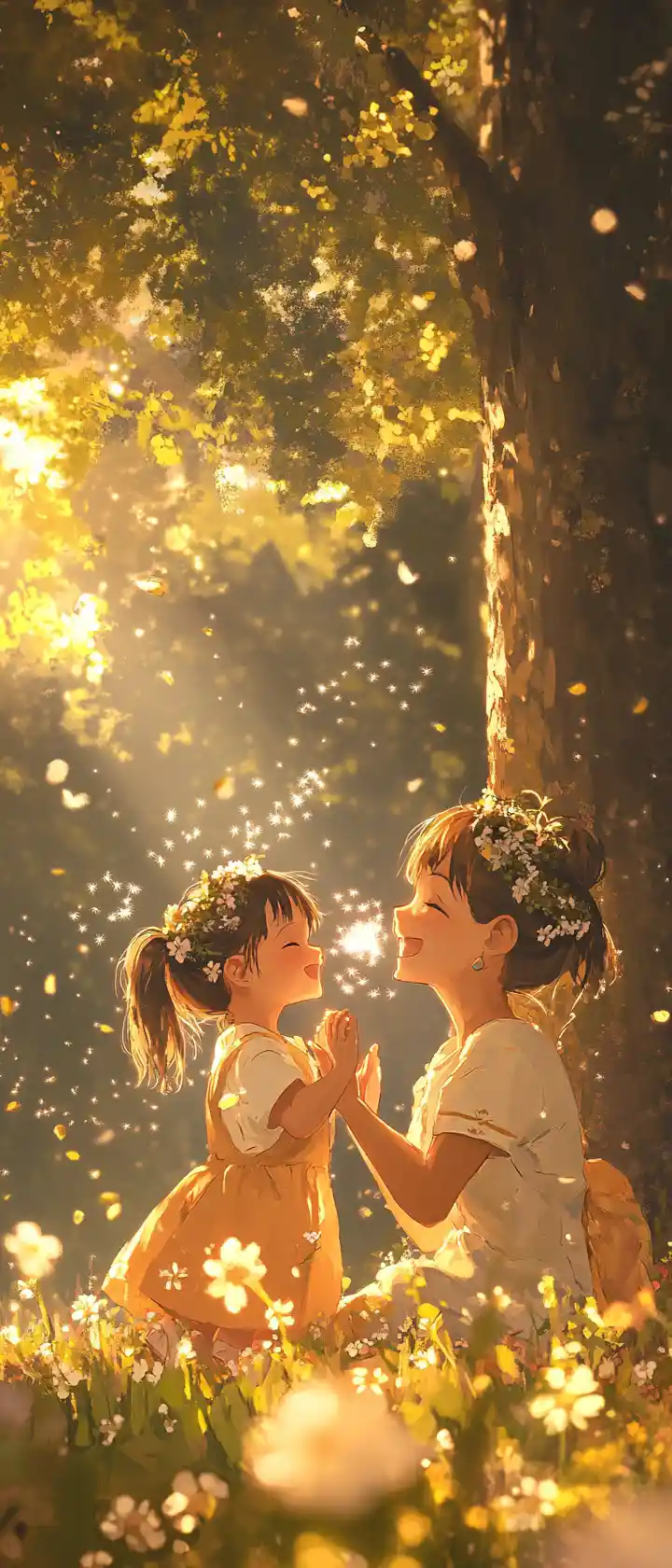 Anime family picnic in a sunny meadow at golden hour