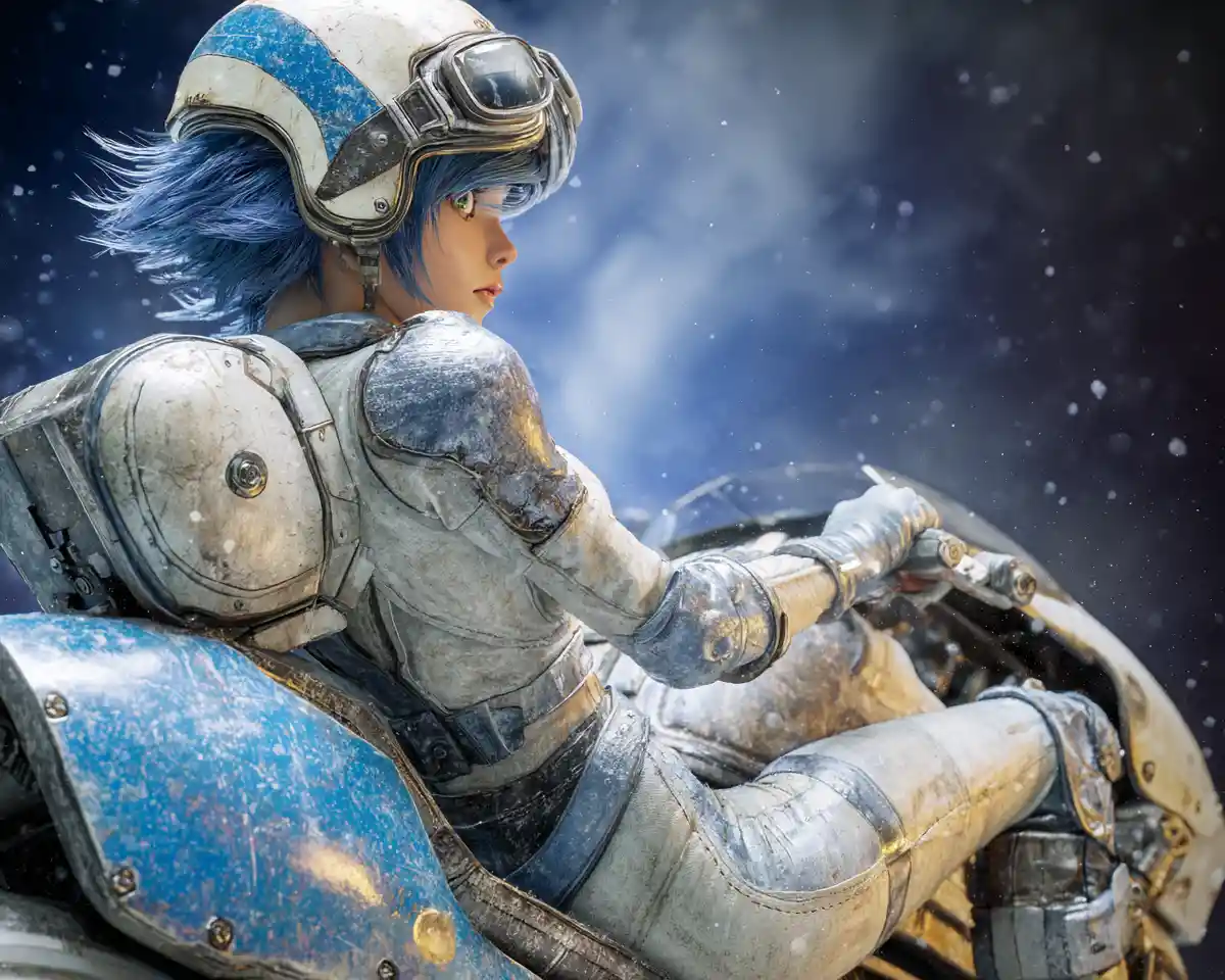 Anime woman riding a space bike through the galaxy