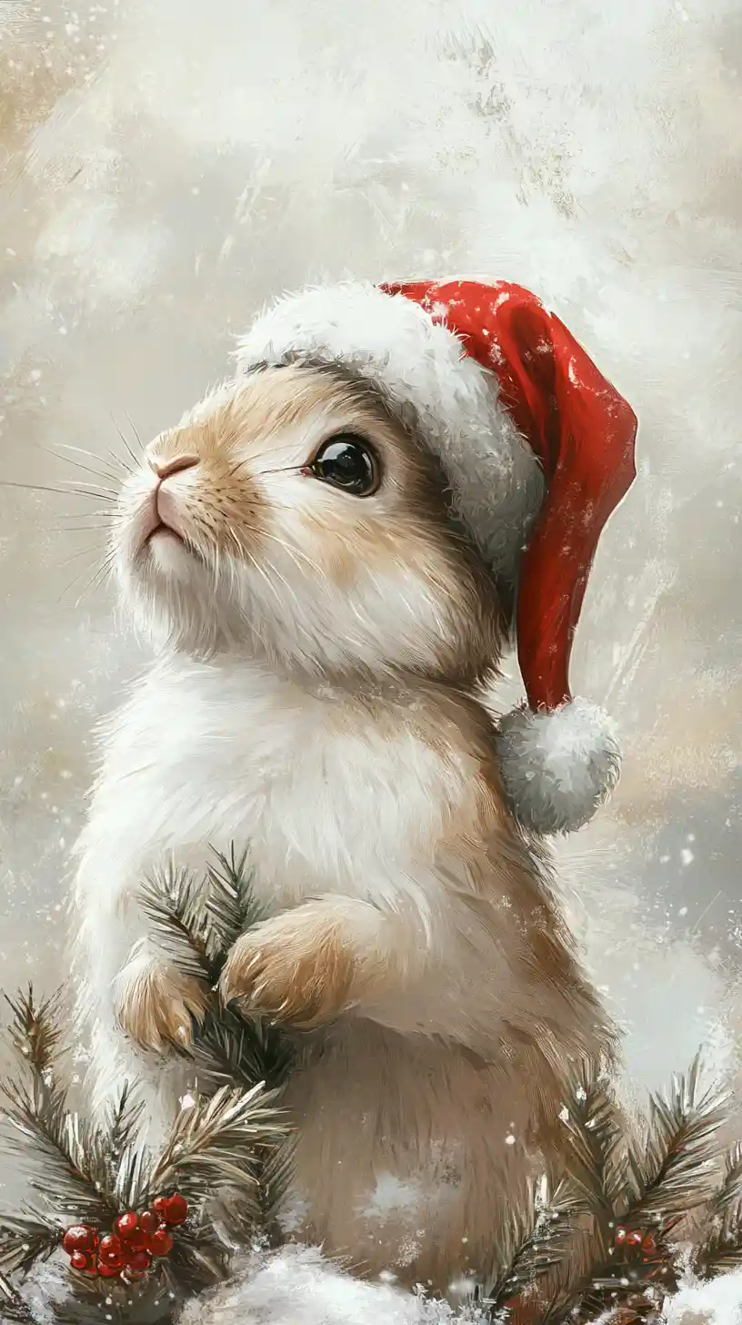 Christmas rabbit in soft painted winter forest scene