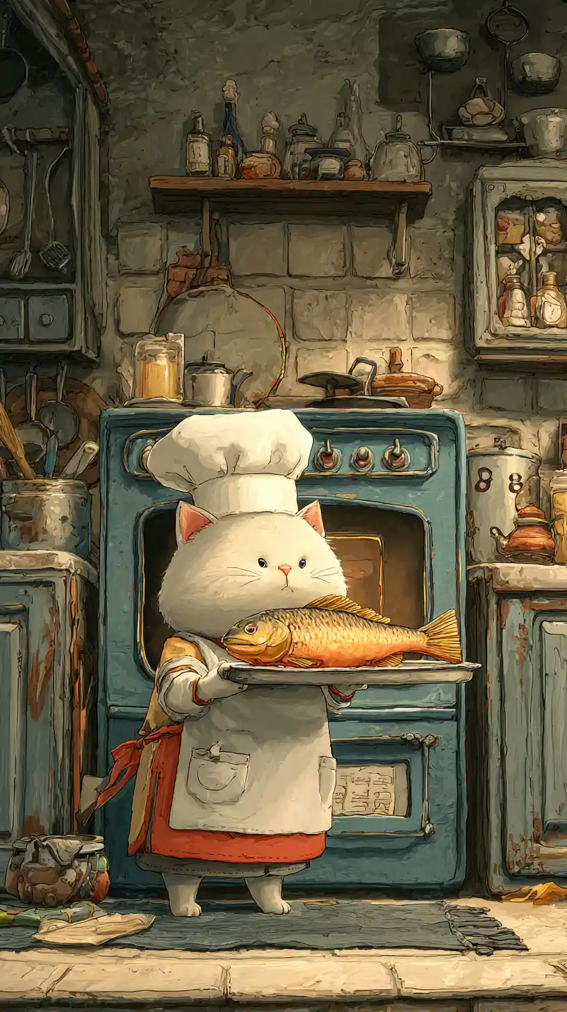 Cartoon cat chef cooking fried fish in cozy kitchen