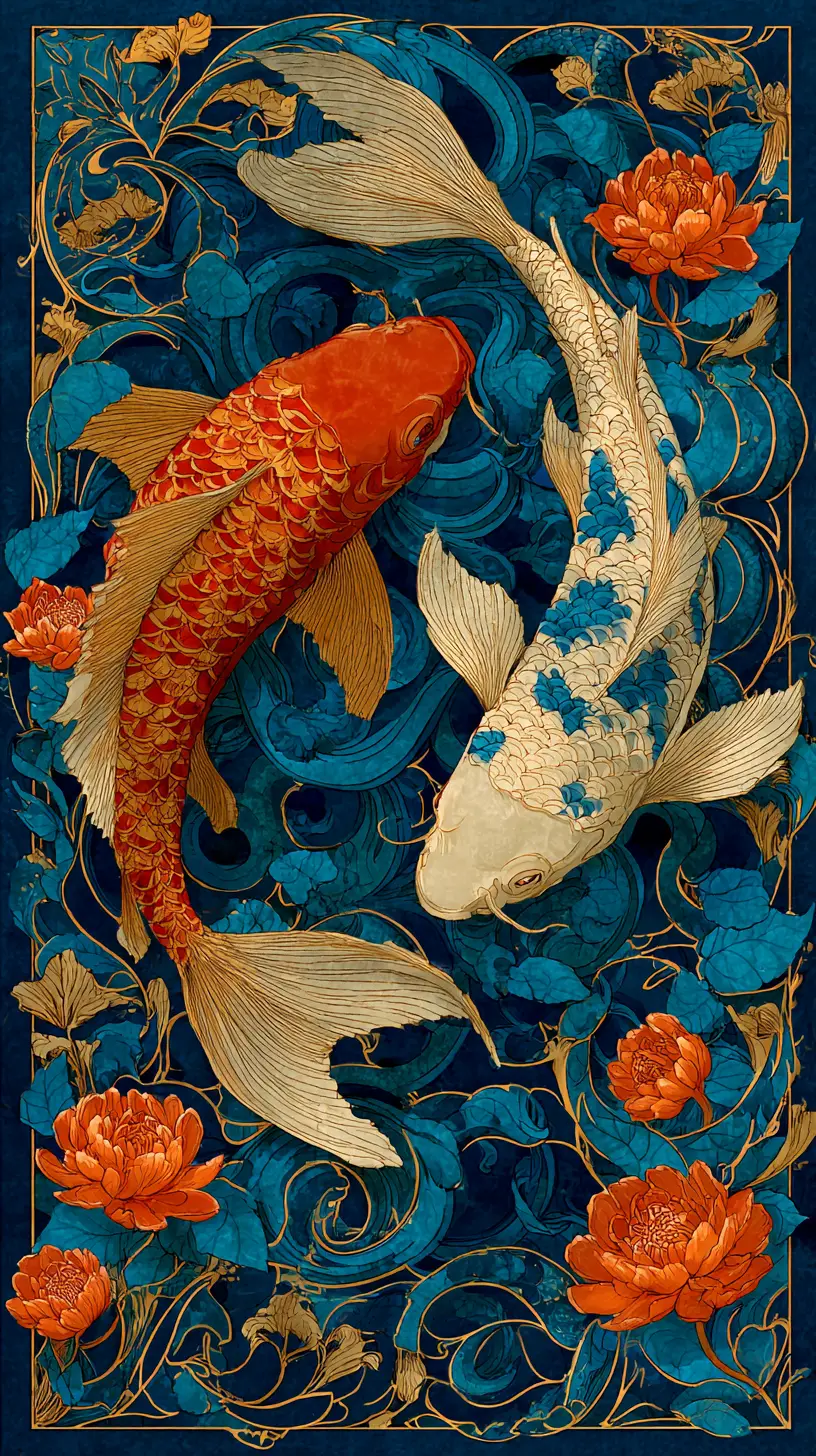 Twin koi fish with orange flowers on deep blue background