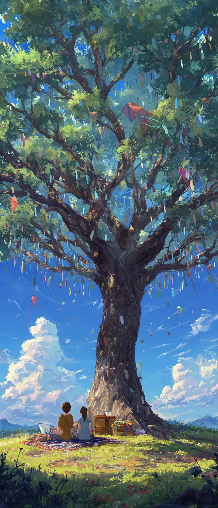 Family picnic beneath a gigantic heart filled tree