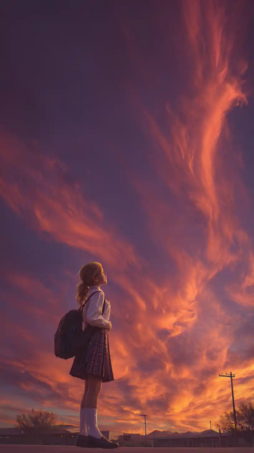 Young girl standing in a schoolyard at sunset