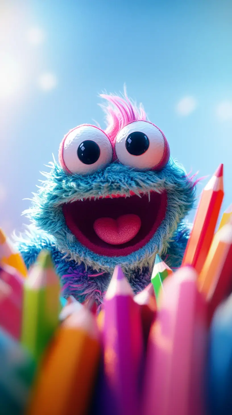 Colorful 3d cartoon muppet with bright pencils circle