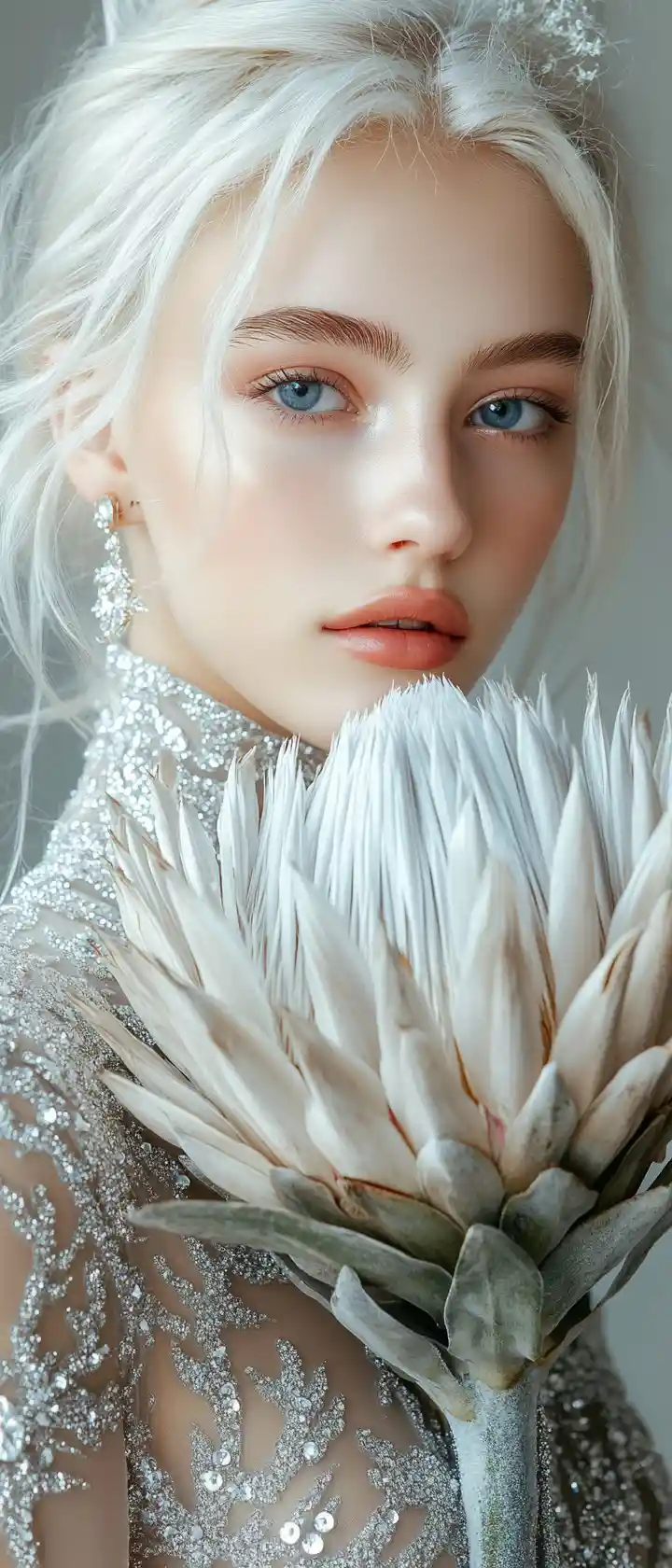 Elegant white haired girl holding a king protea flower