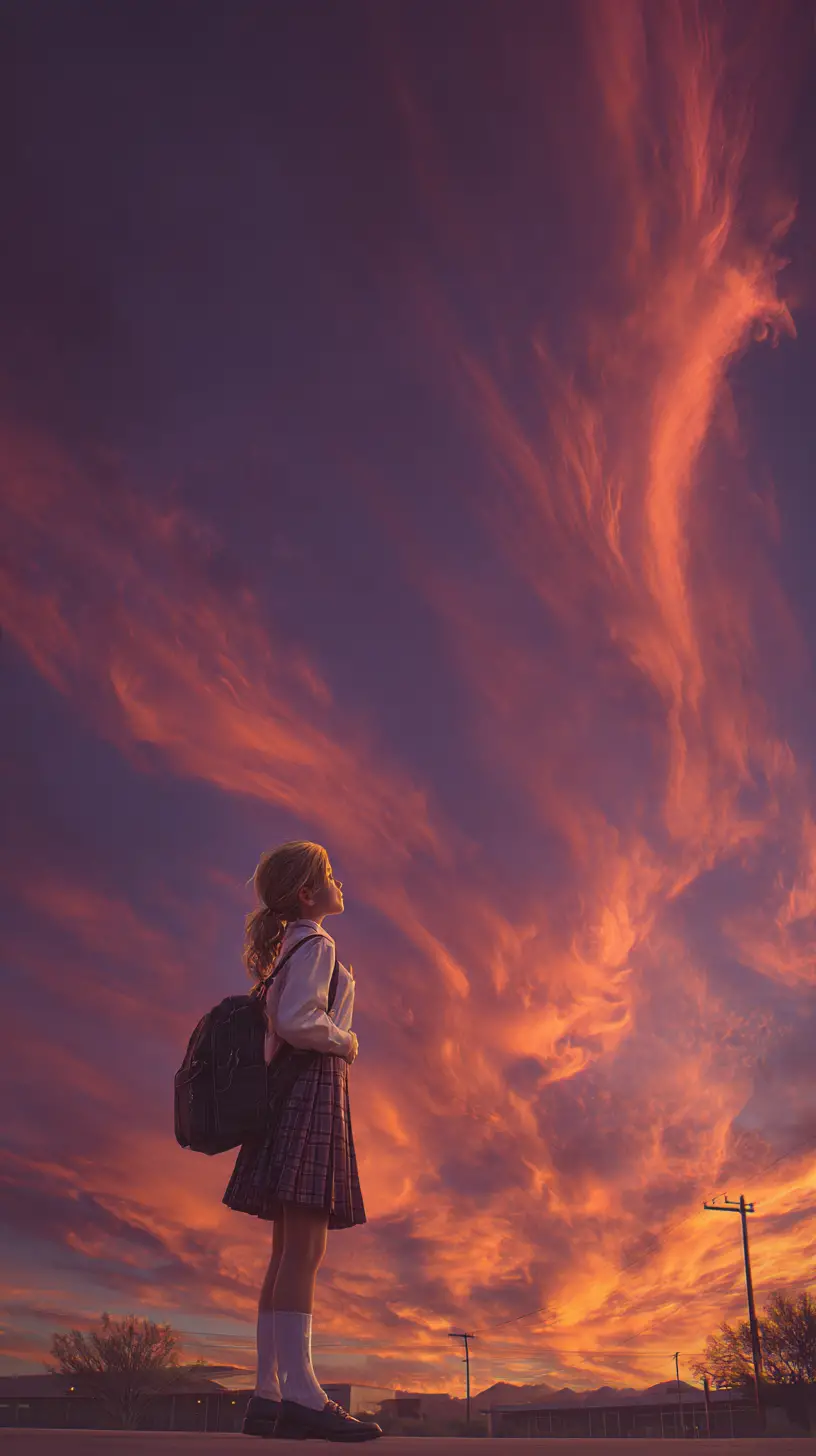 Young girl standing in a schoolyard at sunset