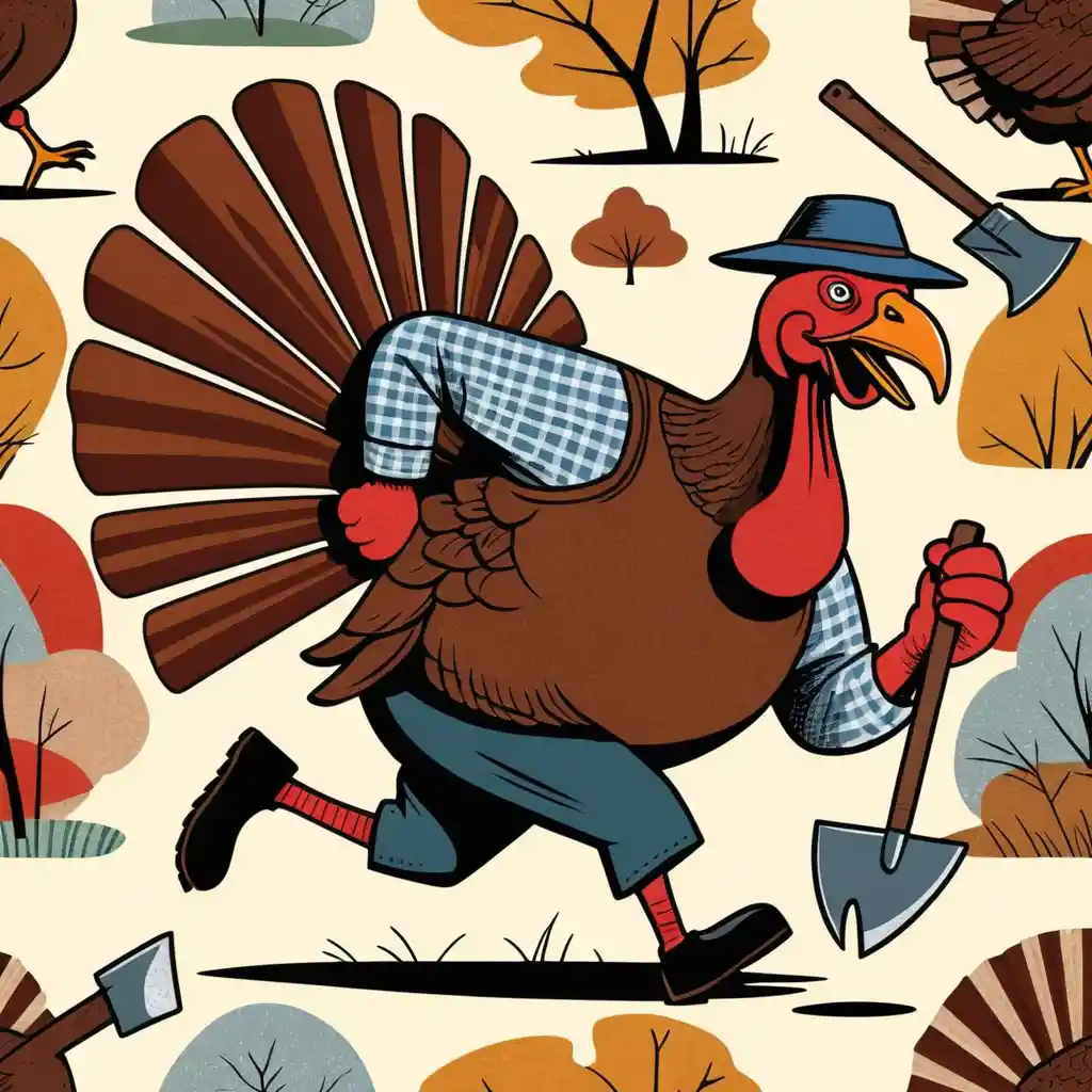 Abstract turkey chasing farmer in patchwork illustration