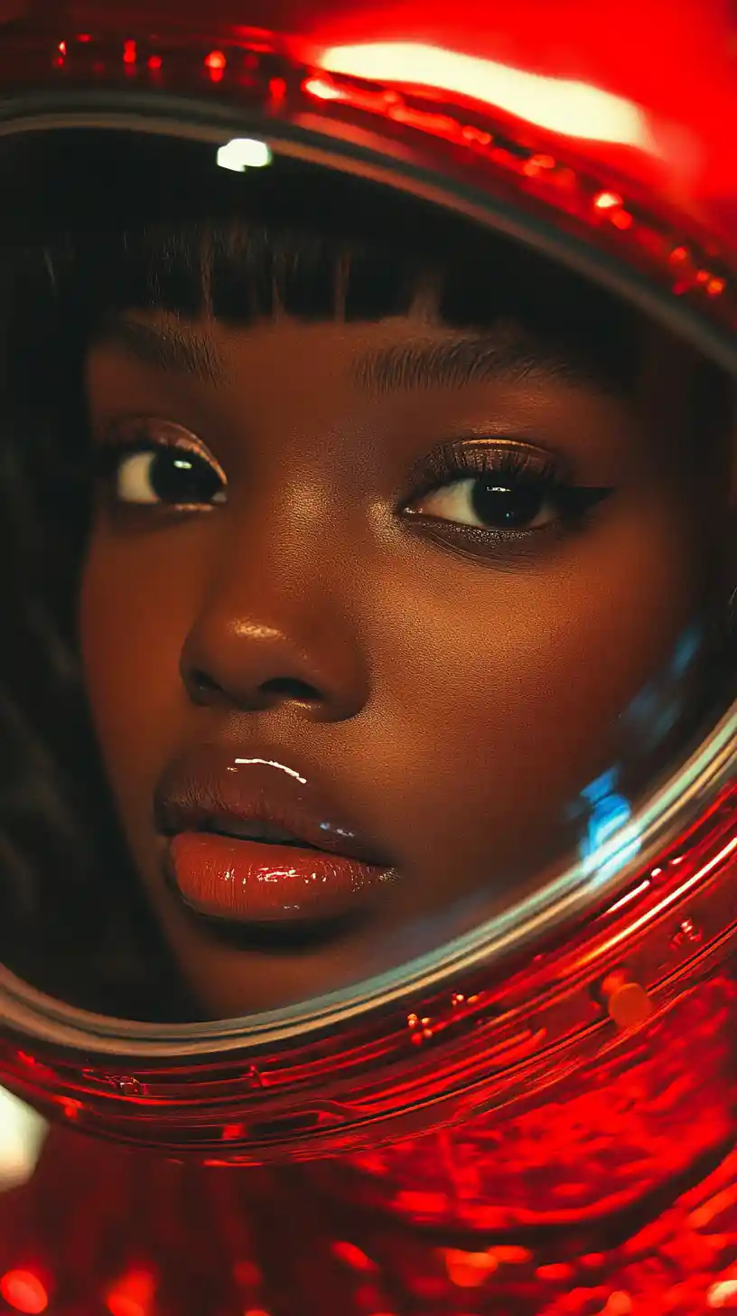 Woman in red latex suit at retro space computer