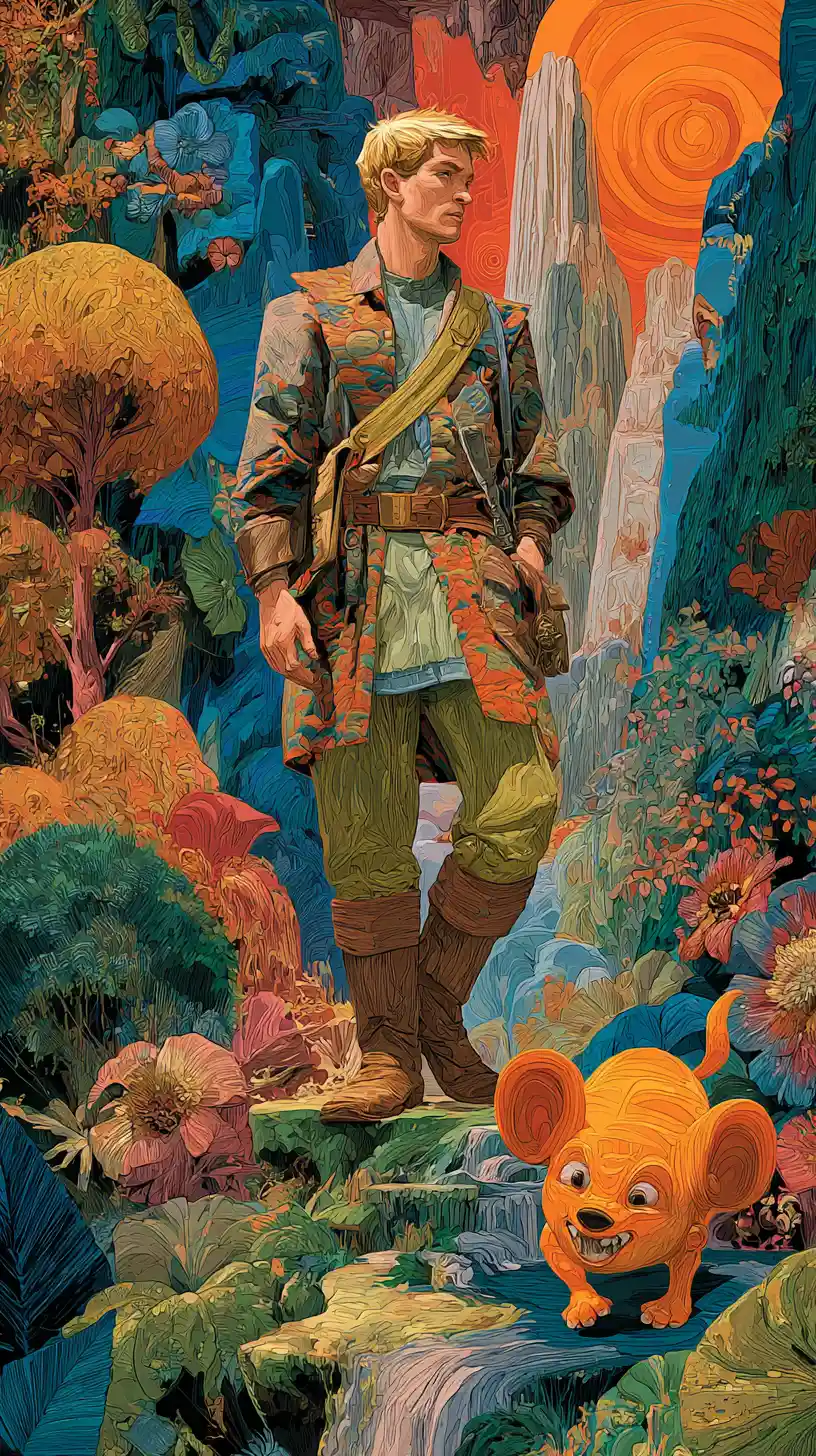 Colorful traveler and playful creature in fantasy mountains