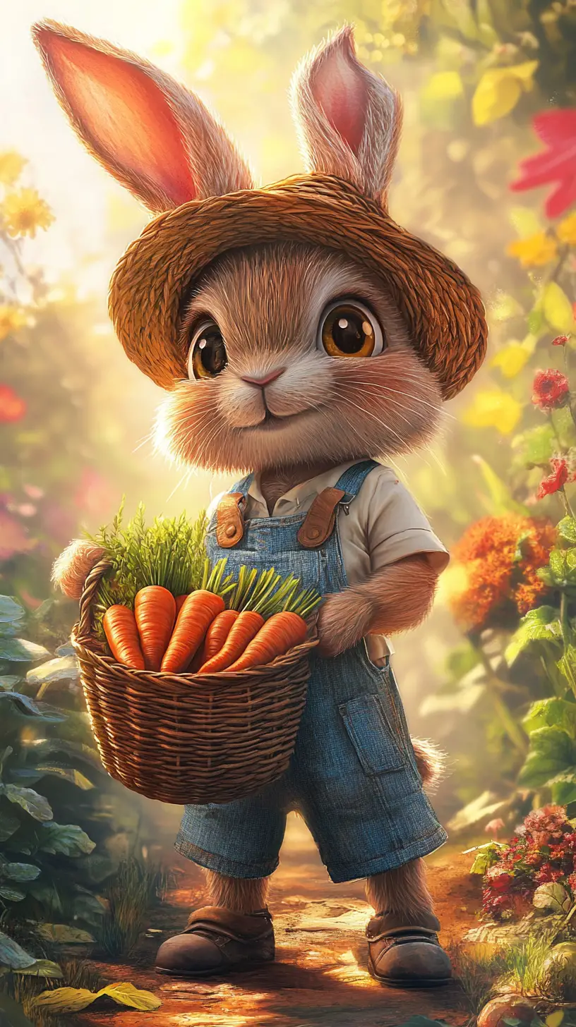 Cute rabbit farmer in a sunlit vegetable garden