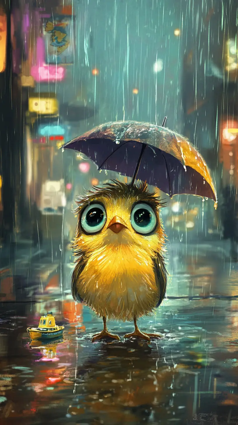 Small drenched bird struggling in a rainy street puddle