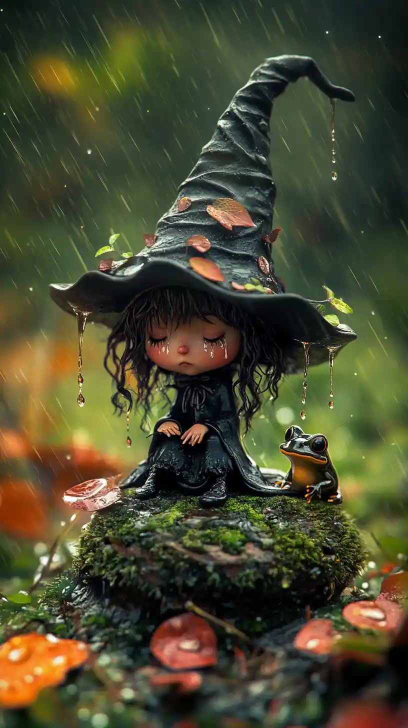 Tiny crying witch and pets in a rainy forest
