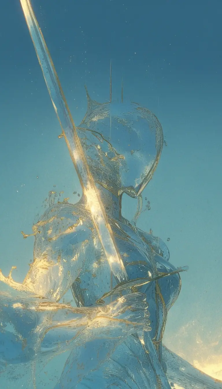Water figure warrior with sword in glowing sky scene
