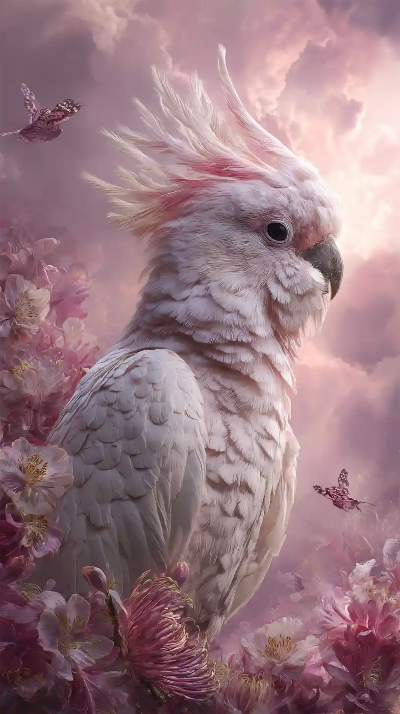 Joyful birds in soft pink and white fantasy painting