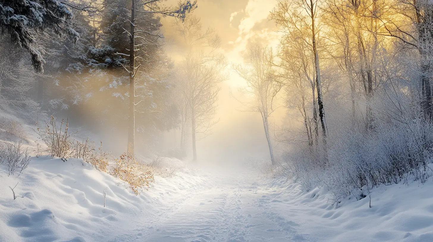 Mysterious surreal landscape in soft snowy haze