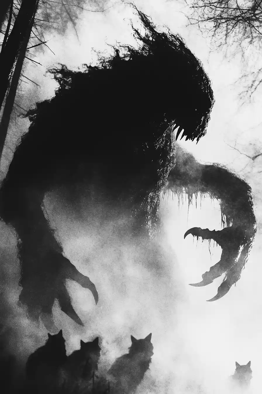 Demone contorto di catrame che emerge da una foresta nebbiosa