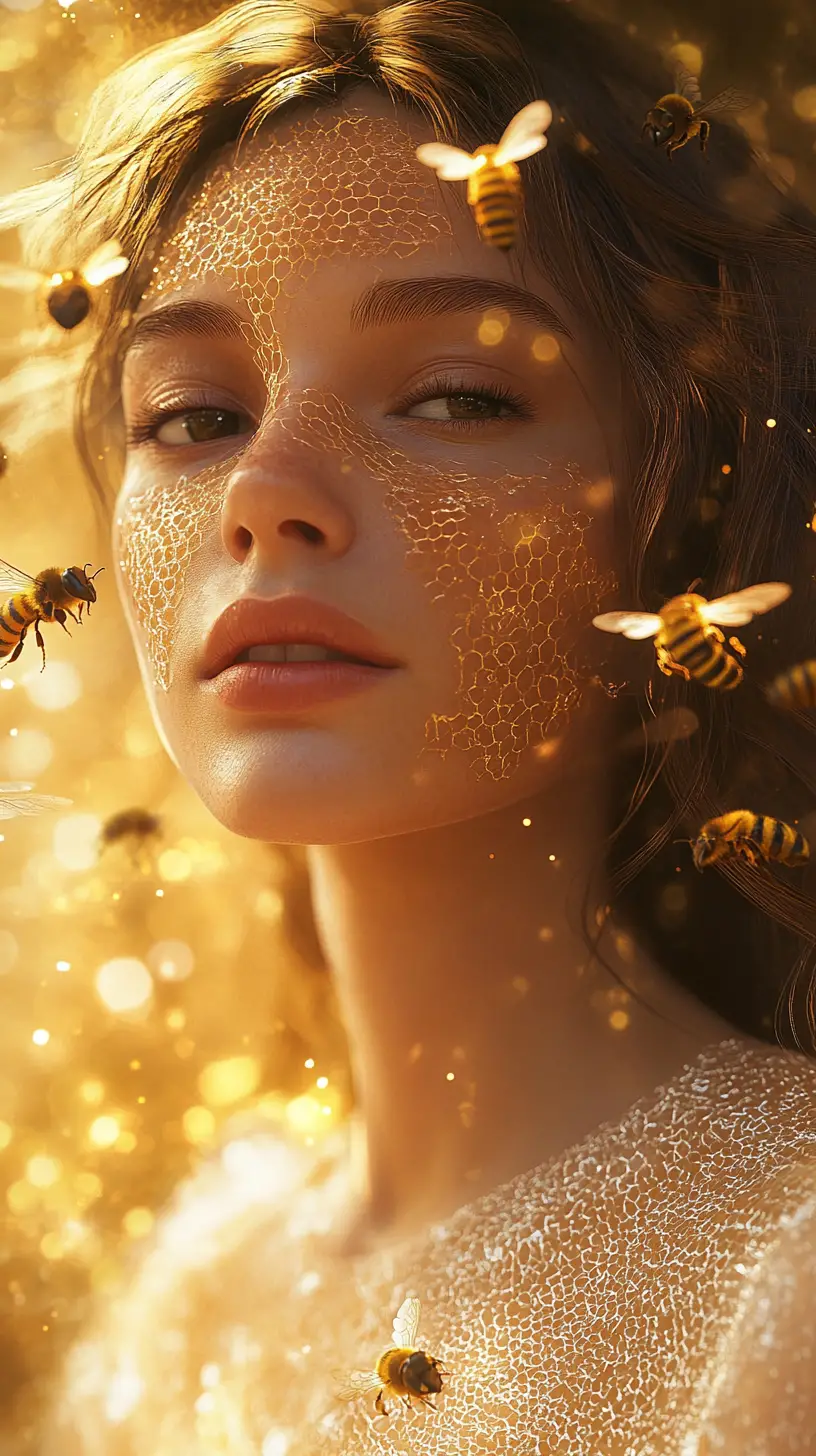 Golden skinned young woman with honeycomb and bees