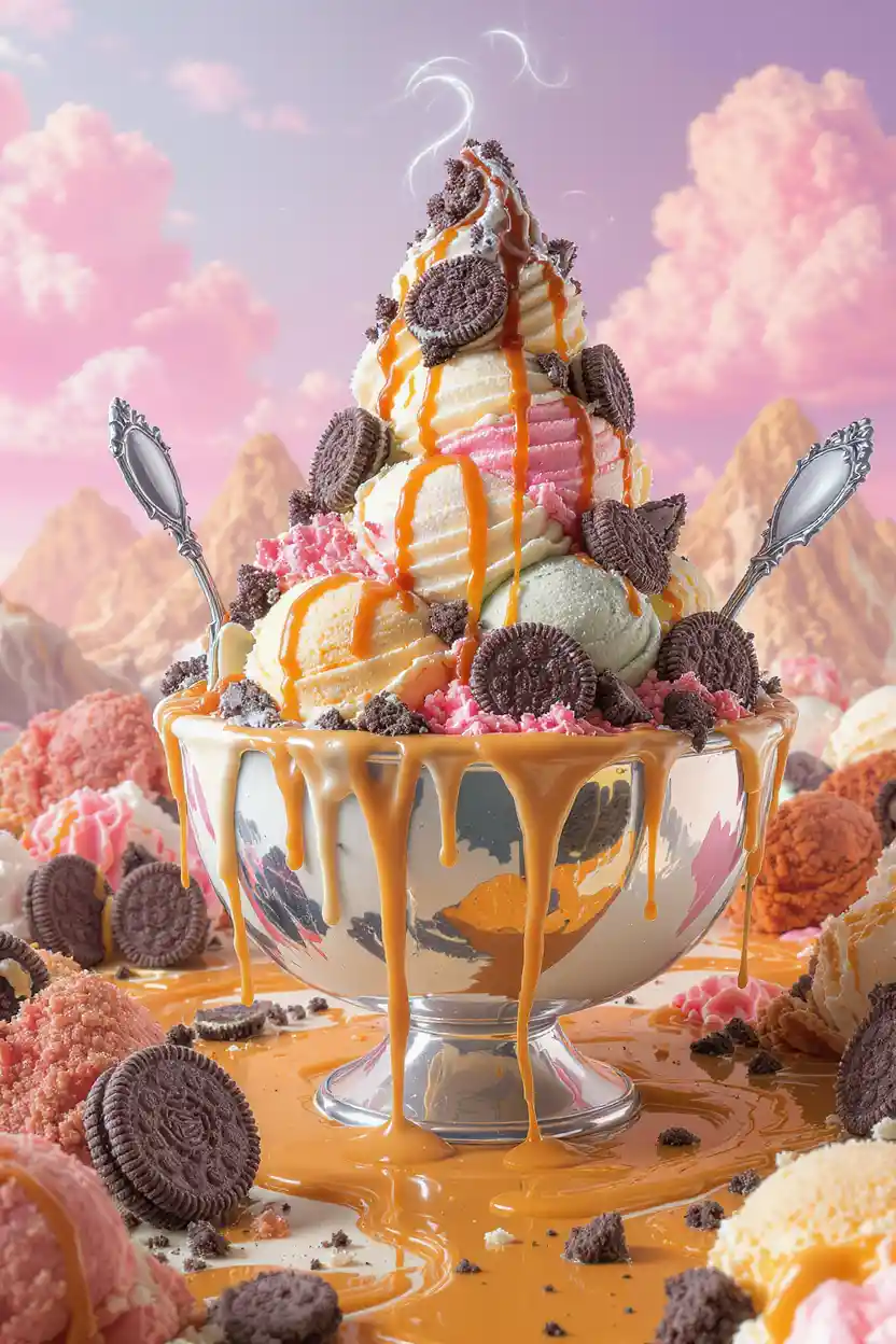 Fantasy ice cream pyramid in surreal pastel landscape
