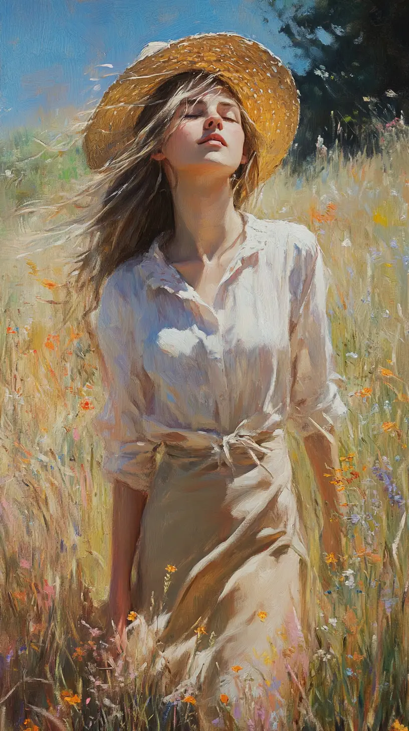 Young woman in straw hat standing in sunlit meadow