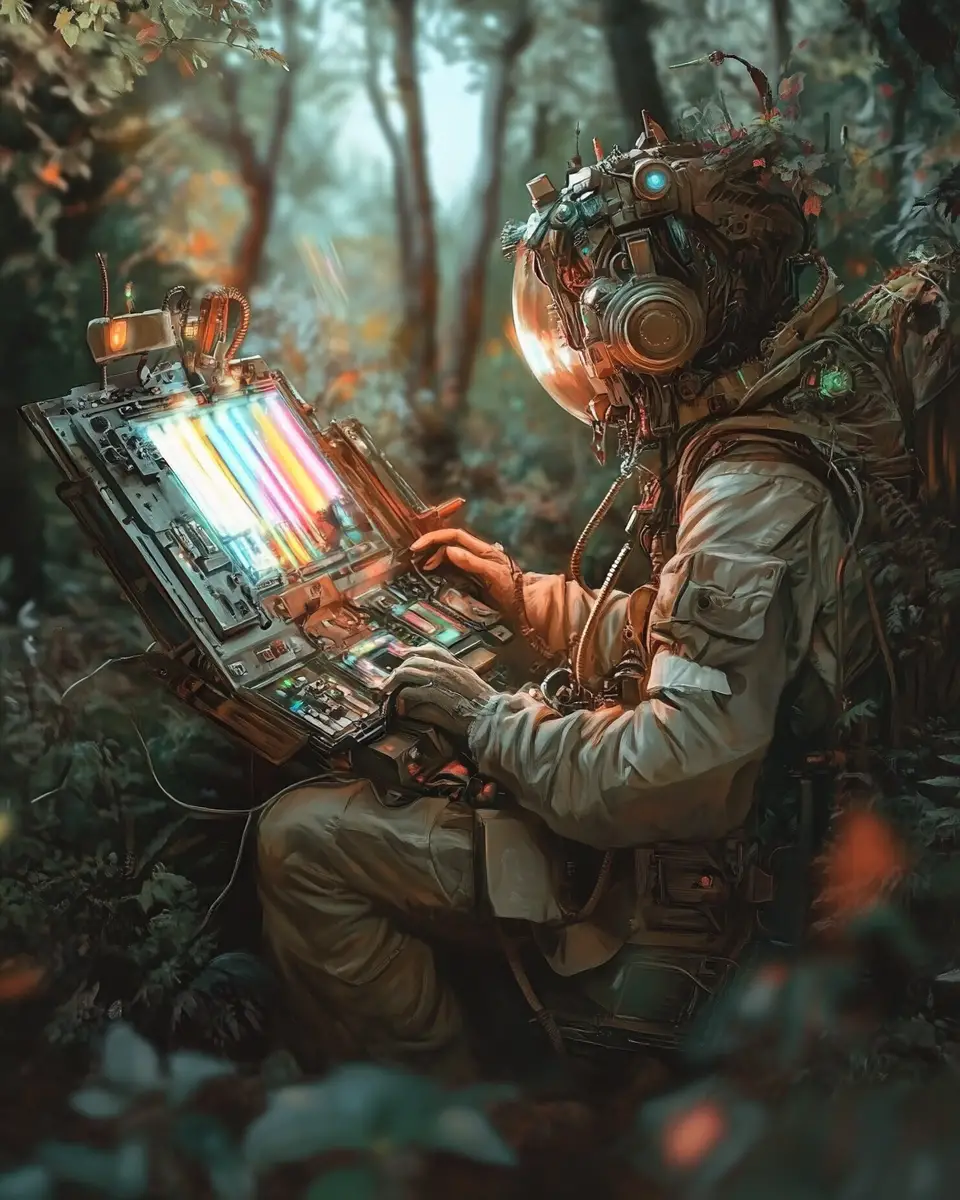 Woman studying strange instrument in tilted twilight forest