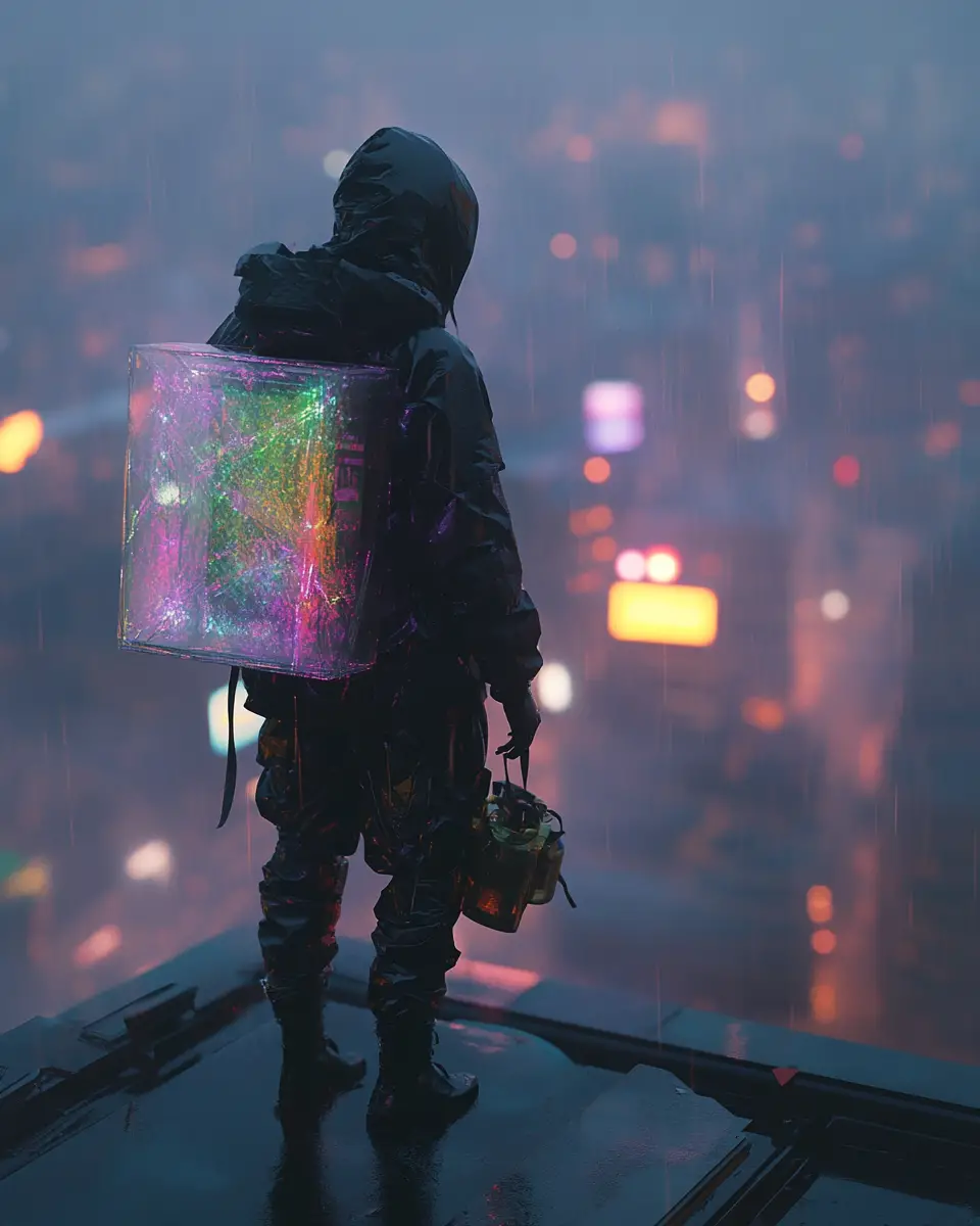 Woman On Rain Soaked Rooftop With Futuristic Fashion Object
